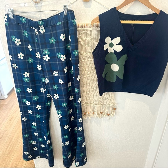 Unique Vintage Plaid Flower Power 70’s Retro Preppy Vest Flair Pants XL Set - Picture 4 of 12